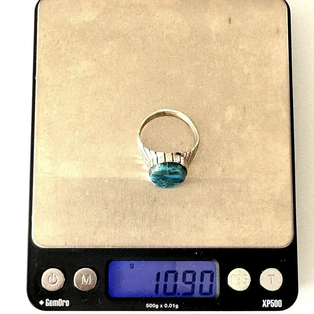 Turquoise Inlay Mens Ring Sz‎ 12 Oval Navajo Signed T Jack Sterling Mosaic 20mm
